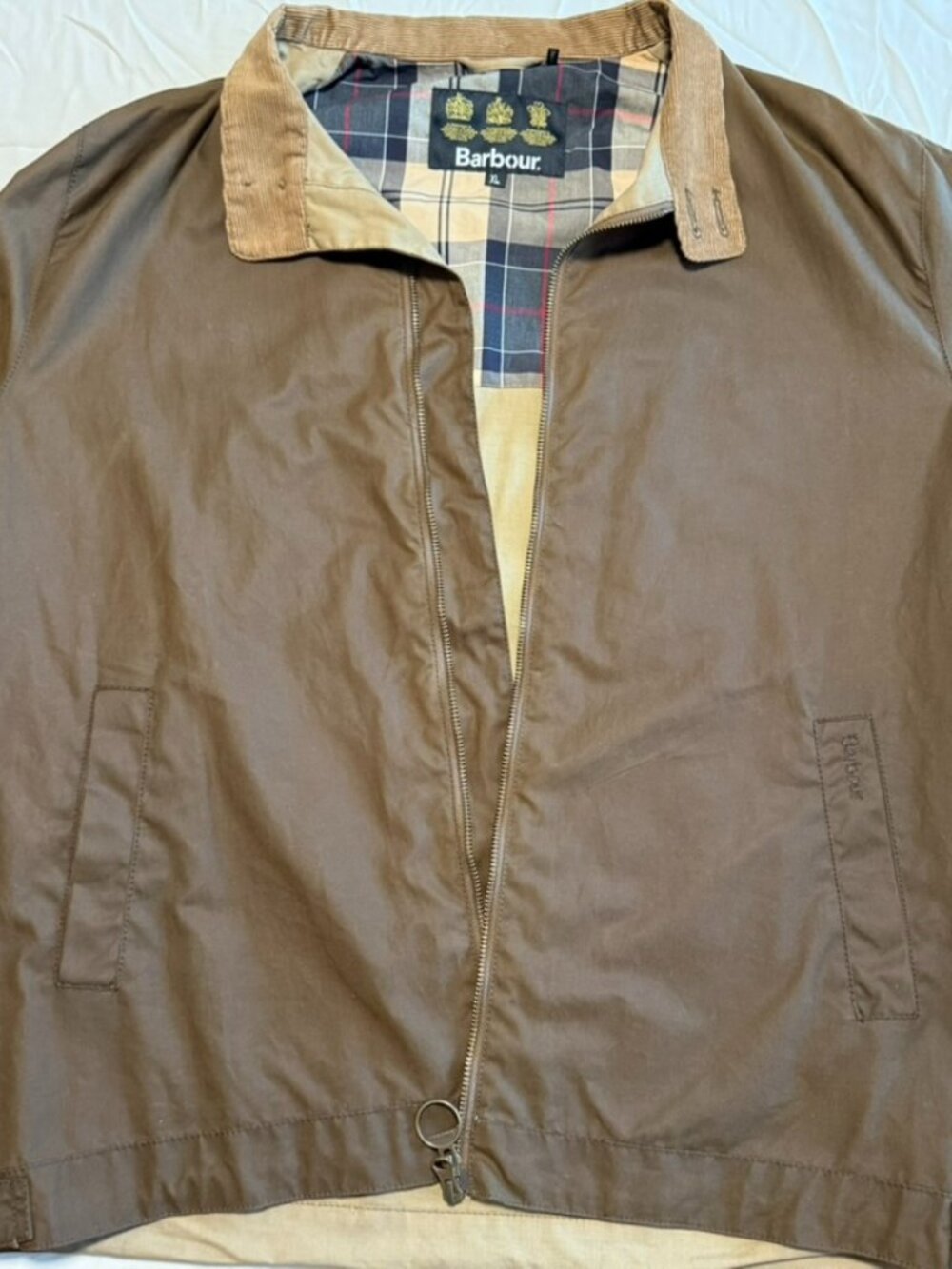 Barbour Ender Waxed Cotton Harrington Jacket Mens XL Brown Corduroy Collar Mint